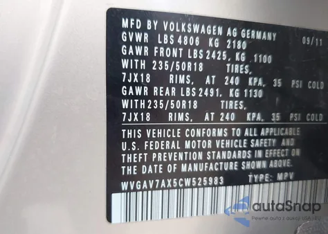 2012 Volkswagen Tiguan Se z USA, uszkodzony, nr VIN WVGAV7AX5CW525983